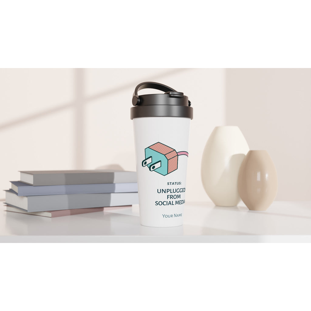 Personalised - Status : Unplugged From Social Media - White 15oz Stainless Steel Travel Mug Personalised Travel Mug Globally Fulfilled