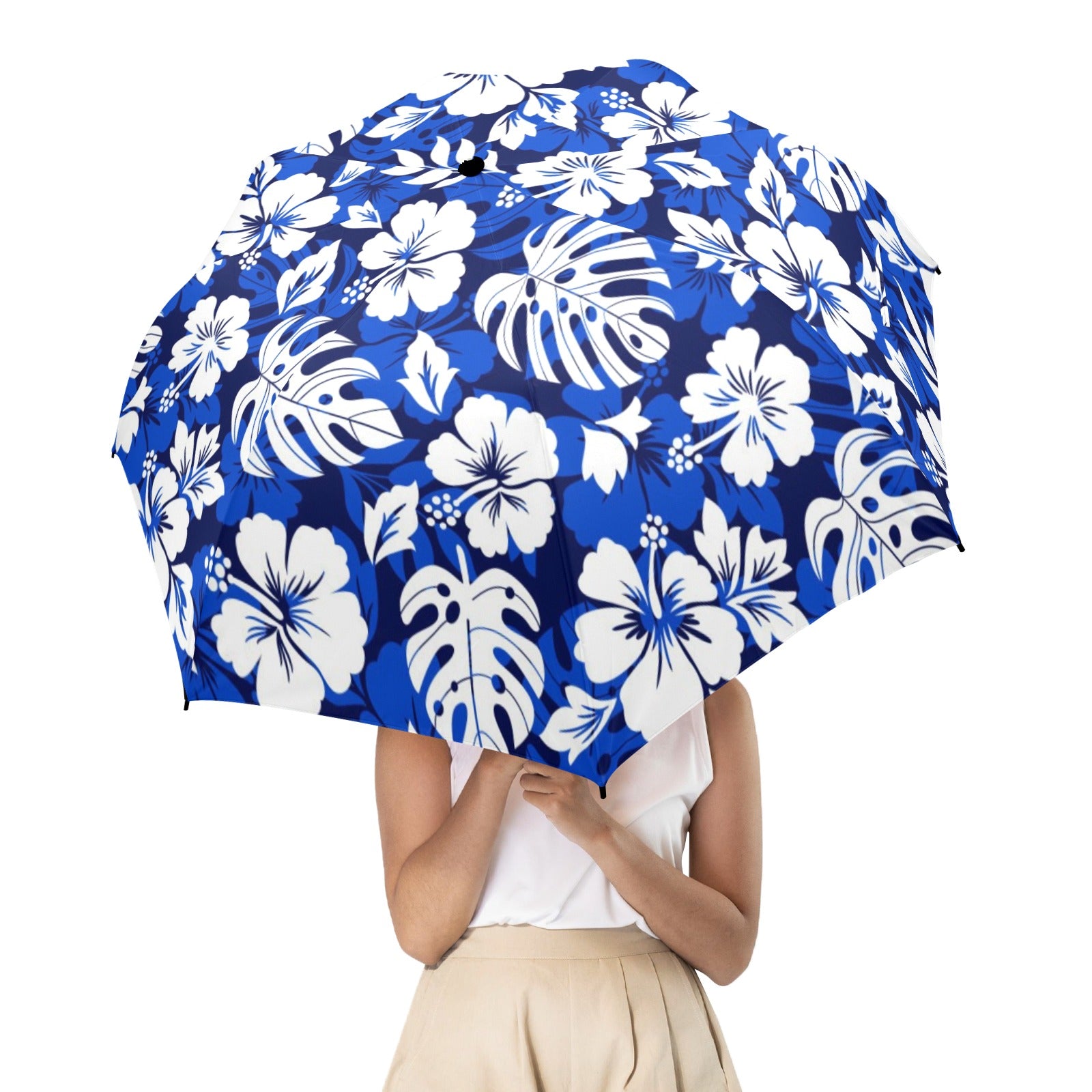 Blue Hawaiian Floral - Semi-Automatic Foldable Umbrella (Model U12) Semi-Automatic Foldable Umbrella (U12)