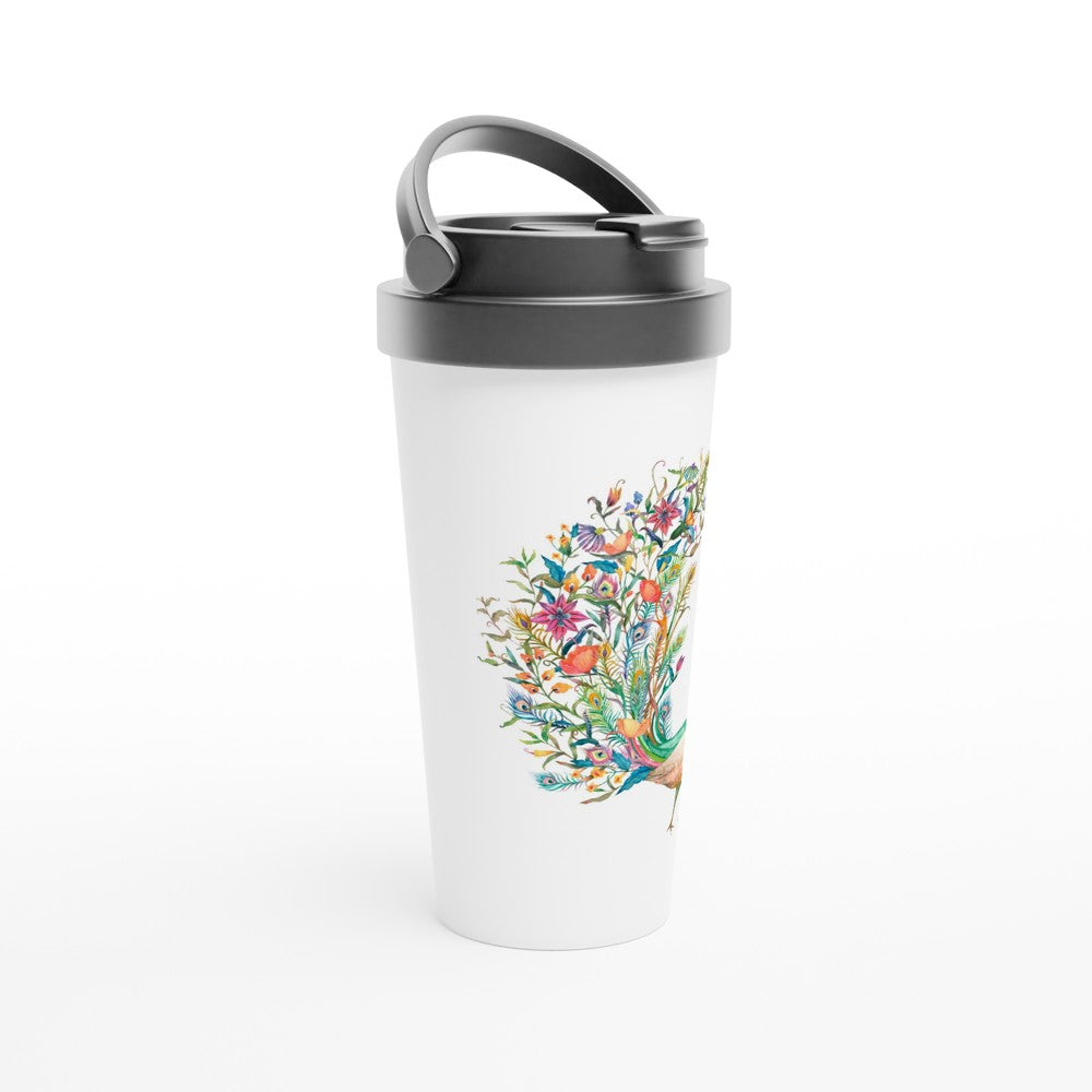Flower Peacock - White 15oz Stainless Steel Travel Mug Travel Mug animal Globally Fulfilled