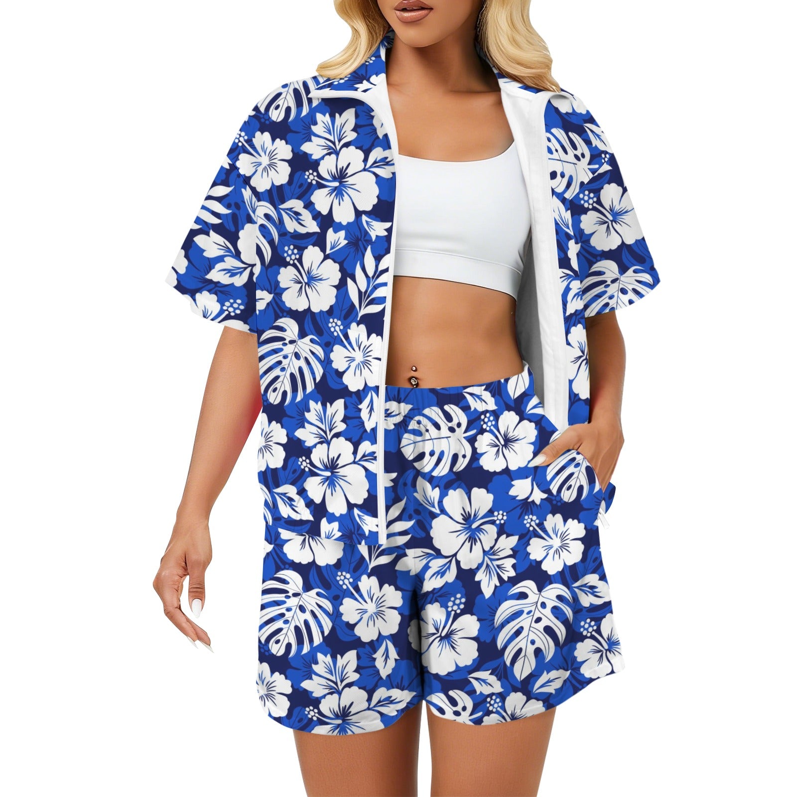 Blue Hawaiian Floral Women's Windbreaker Short Set 2XL Women's Windbreaker Short Set Plants Printed Offshore