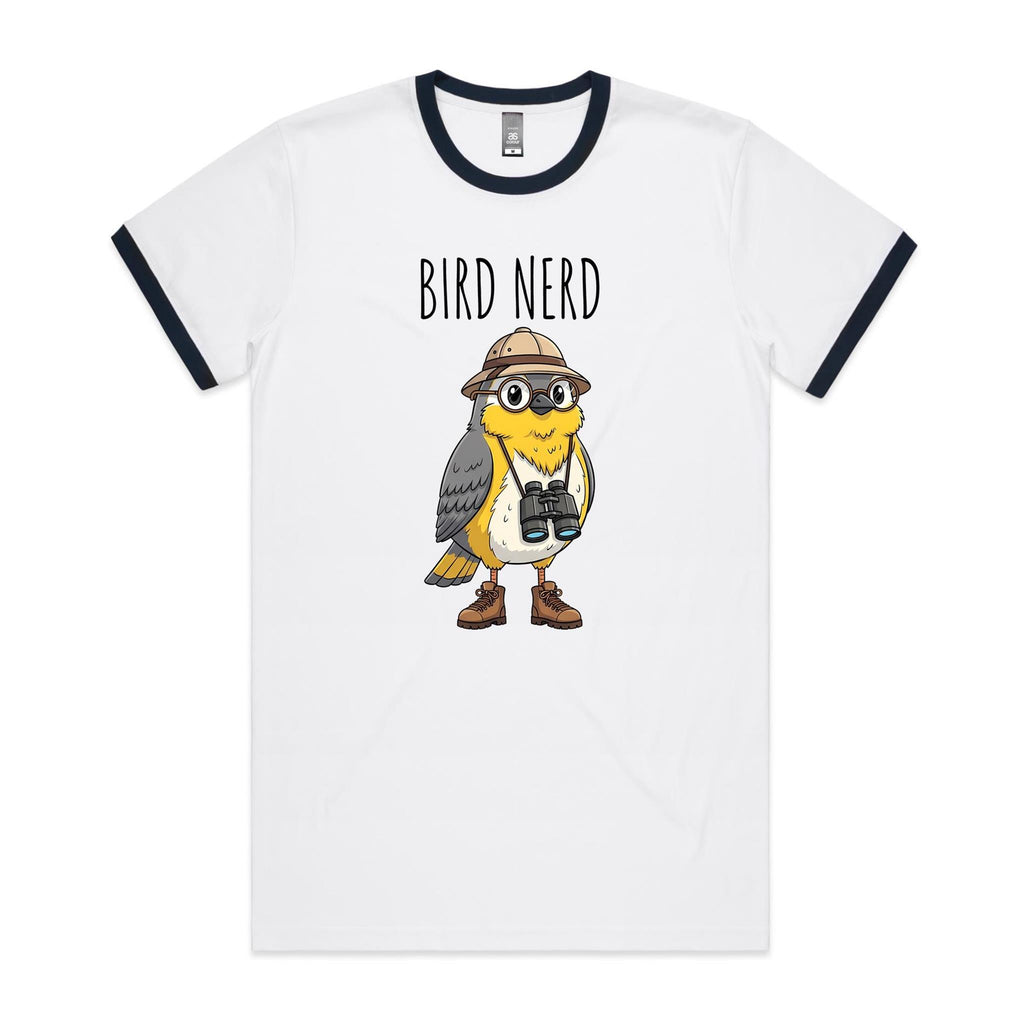 Bird Nerd 2 Men's AS Colour Ringer Tee White Navy Ringer T-Shirt animal Birds Printed In Australia