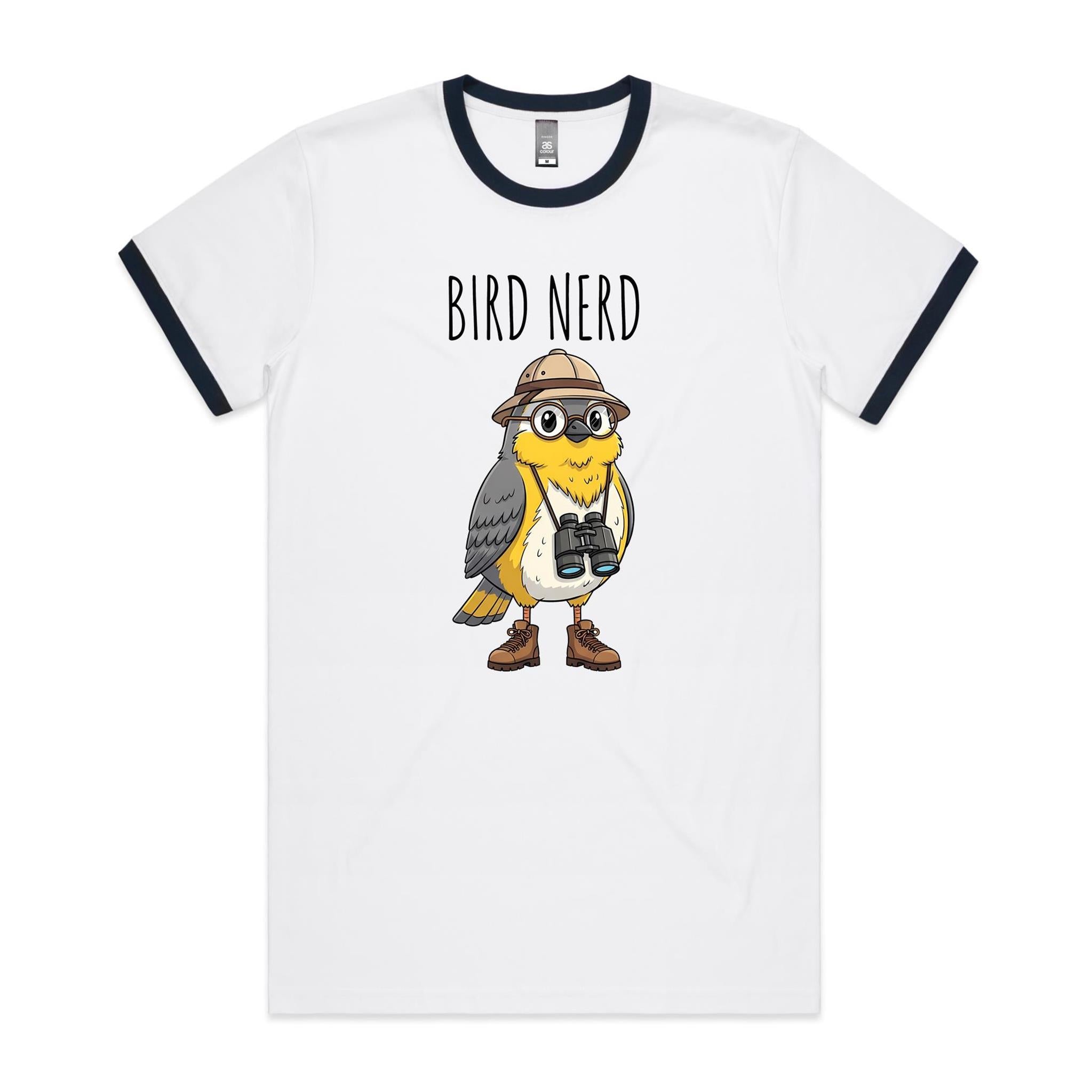 Bird Nerd 2 Men's AS Colour Ringer Tee White Navy Ringer T-Shirt animal Birds Printed In Australia