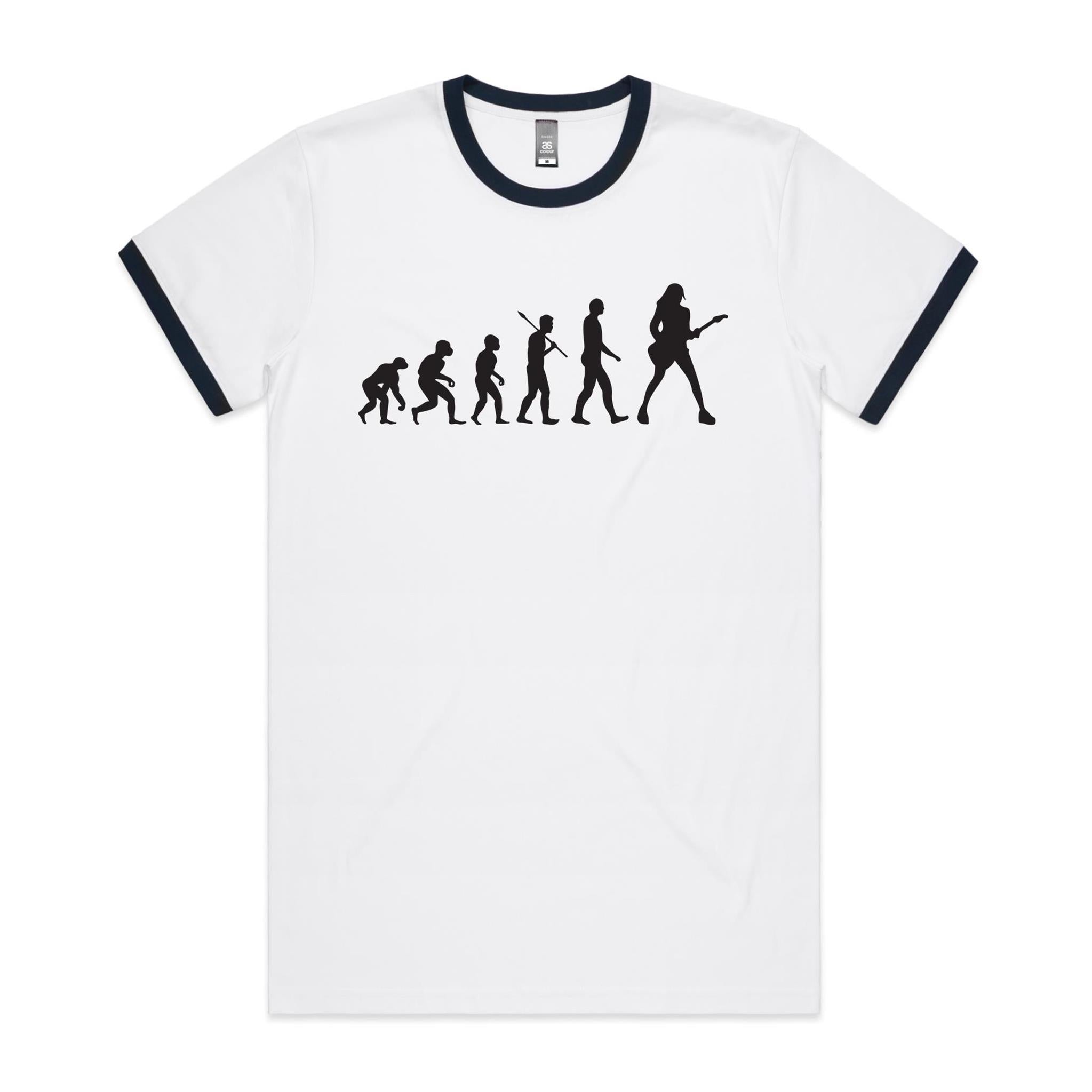 Guitarist Evolution - Staple Ringer Tee White Navy Ringer T-Shirt Music Printed In Australia