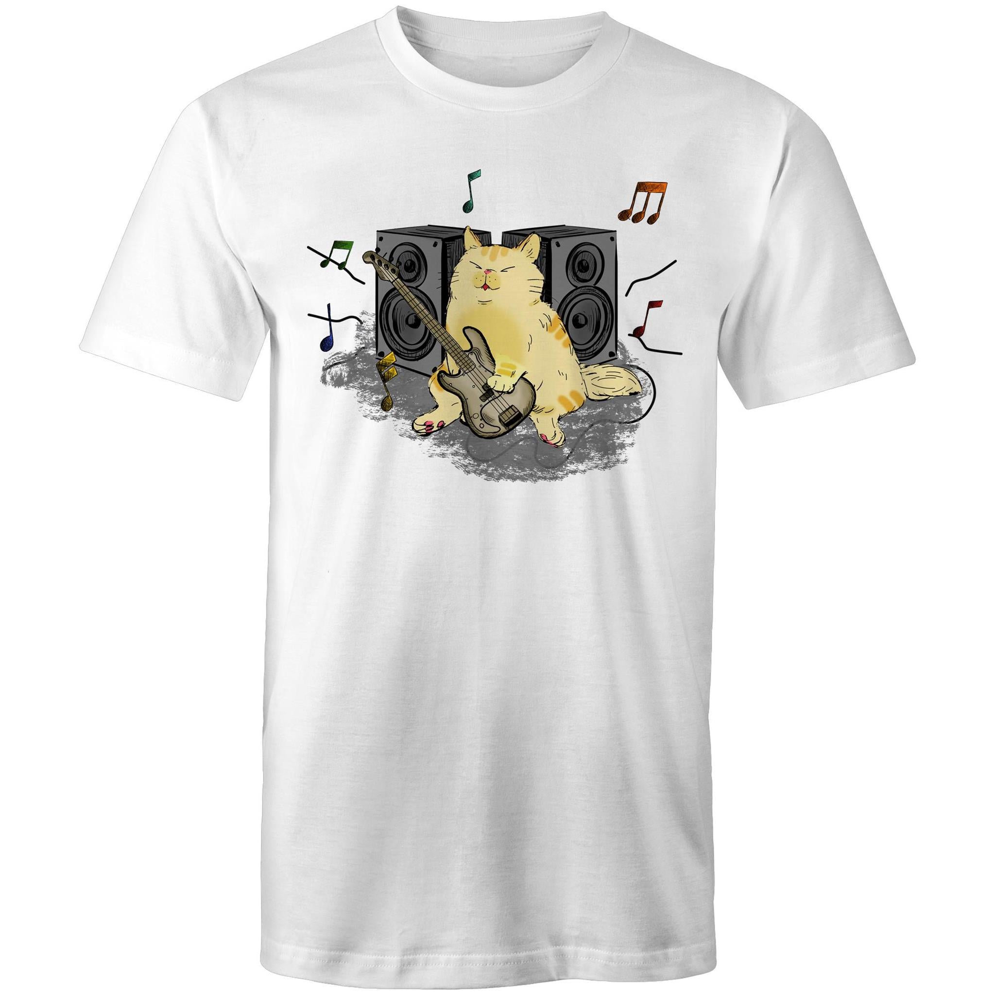 Cat Bass Player - Mens T-Shirt White Mens T-shirt animal Music Printed In Australia