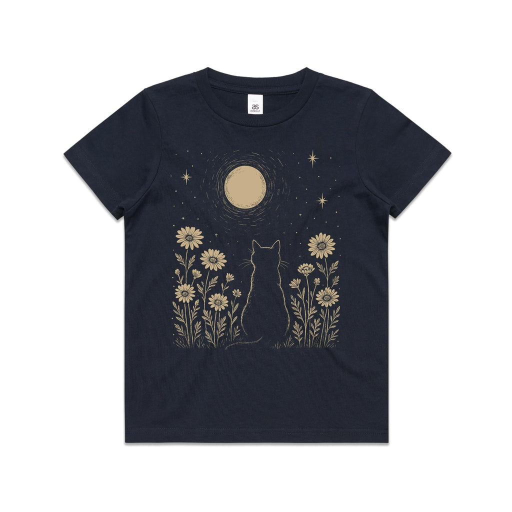 Whimsical Cat And Moon Kid's AS Colour T-shirt Navy Kids Youth T-shirt animal Printed In Australia