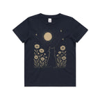 Whimsical Cat And Moon Kid's AS Colour T-shirt Navy Kids Youth T-shirt animal Printed In Australia