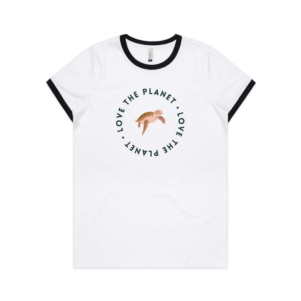 Love The Planet, Turtle - Women's Ringer Tee White Black