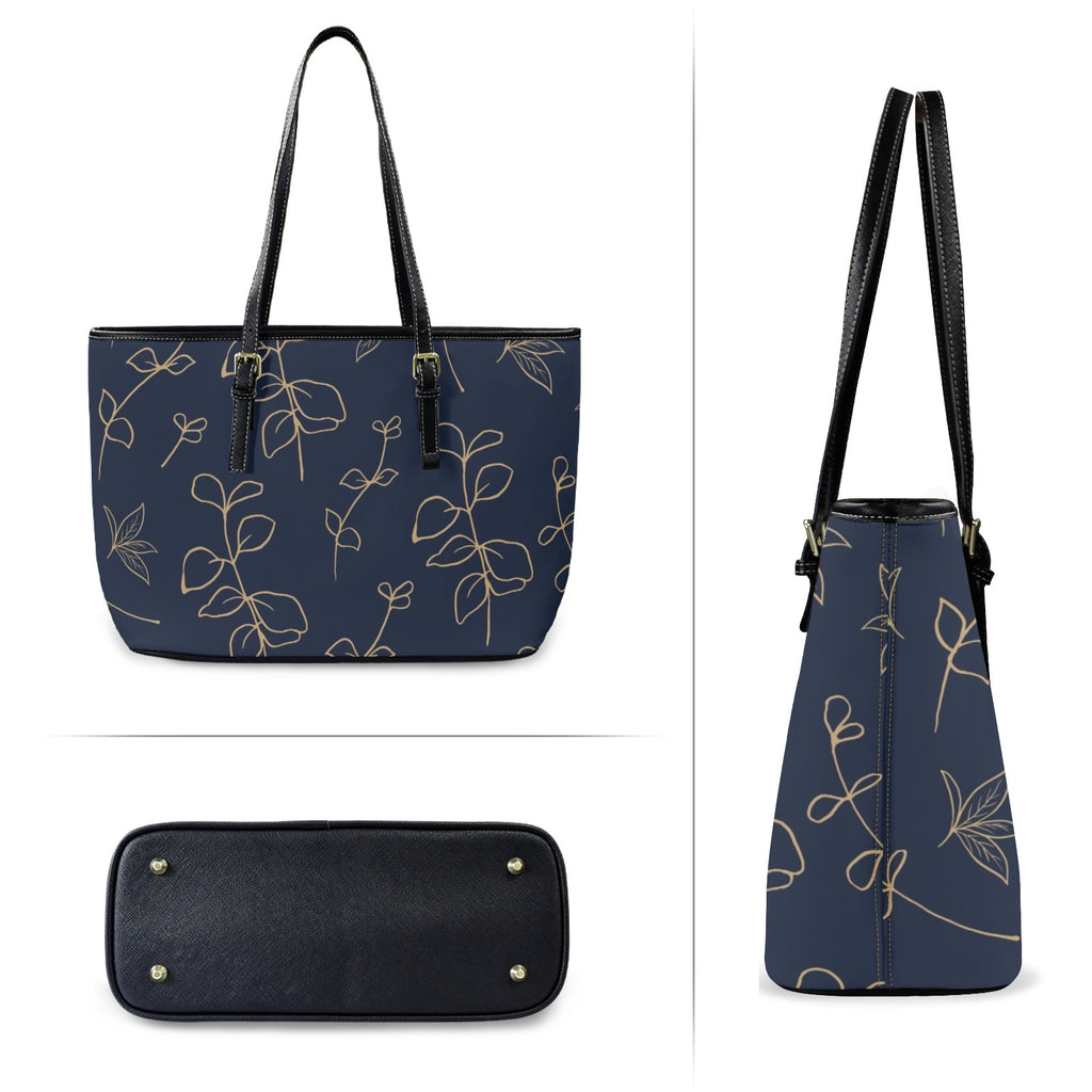 Gold Flowers On Navy - Leather Tote Bag-Large