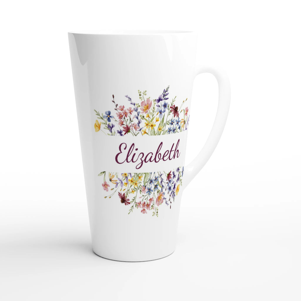 Personalise - Flower Frame Name - White Latte 17oz Ceramic Mug Personalised Latte Mug customise Globally Fulfilled Name Plants