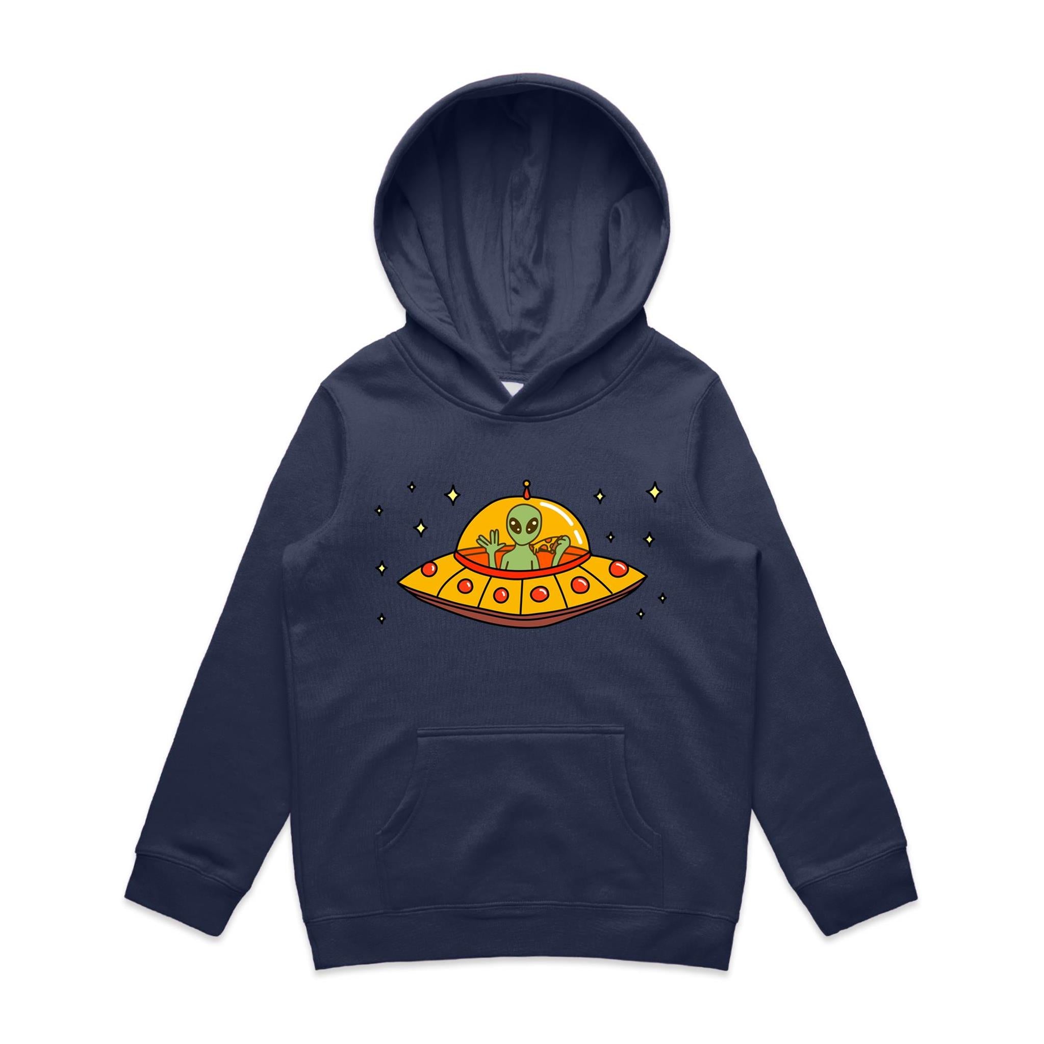 Alien Pizza - Kids Hoodie Midnight Blue Kids Hoodie Printed In Australia