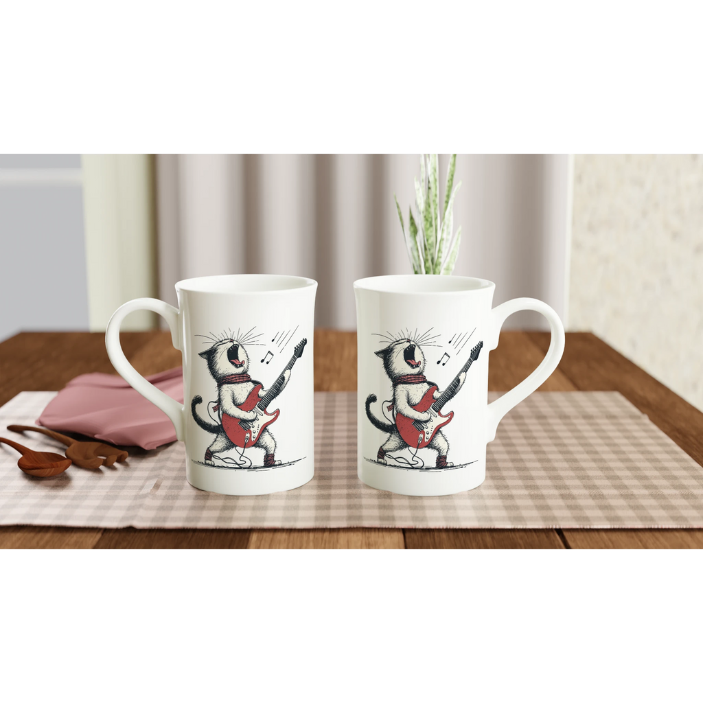 Personalised Cat Playing Guitar White 10oz Porcelain Slim Mug Personalised Porcelain Mug animal Globally Fulfilled Music