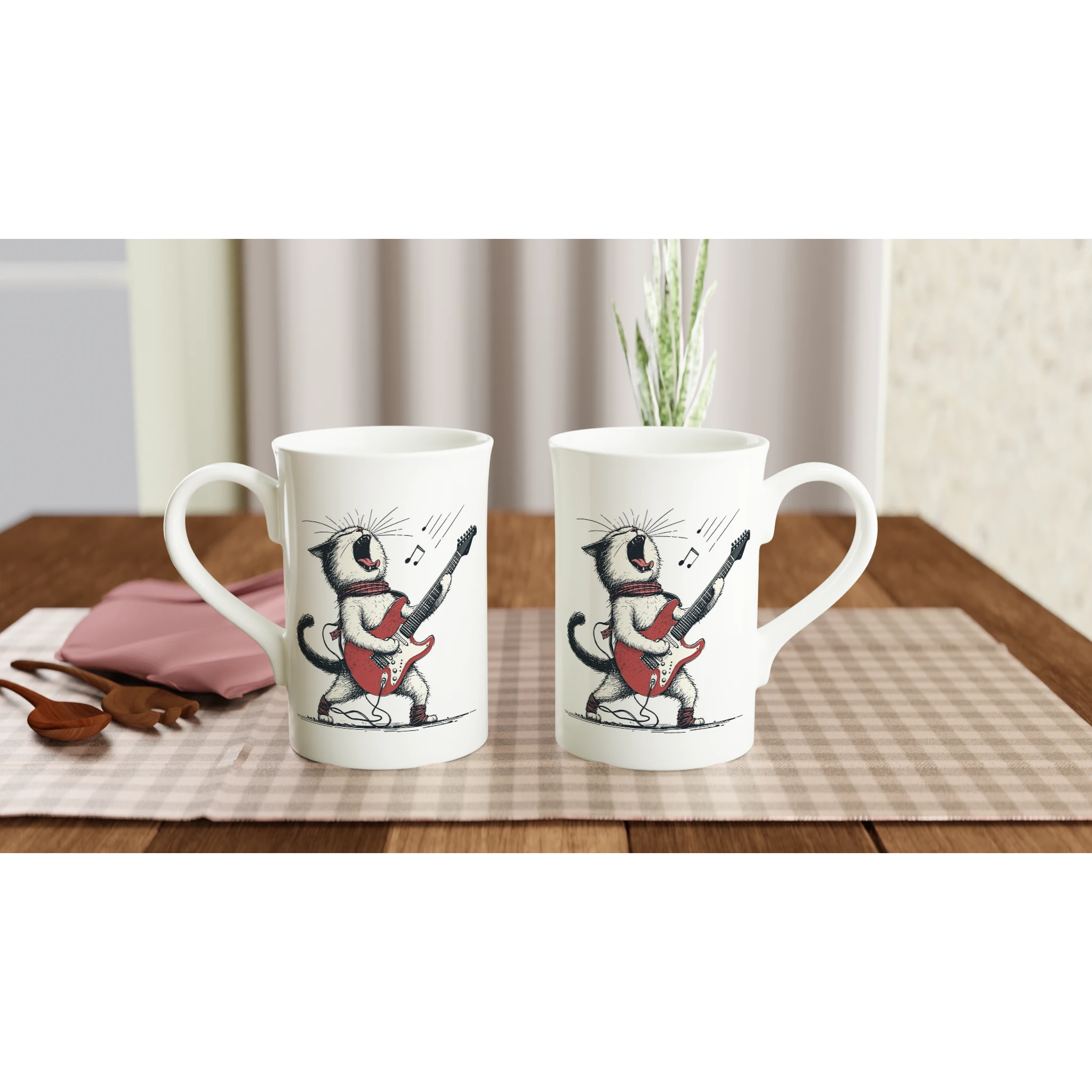 Personalised Cat Playing Guitar White 10oz Porcelain Slim Mug Personalised Porcelain Mug animal Globally Fulfilled Music