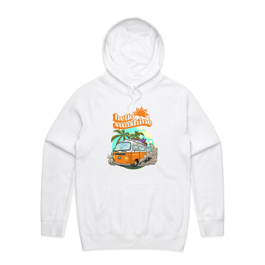 Hello Sunshine, Beach Van - Mens Hoodie White Mens Hoodie Printed In Australia Summer