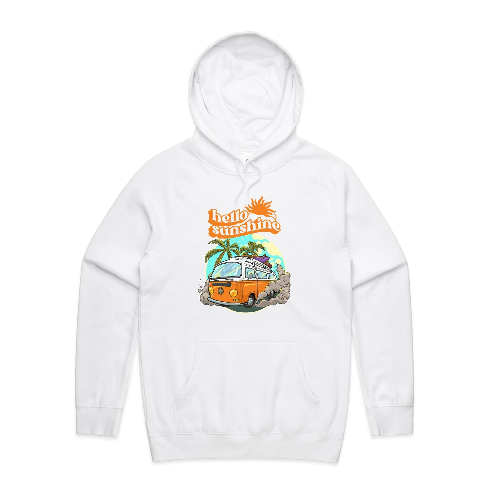 Hello Sunshine, Beach Van - Mens Hoodie White Mens Hoodie Printed In Australia Summer