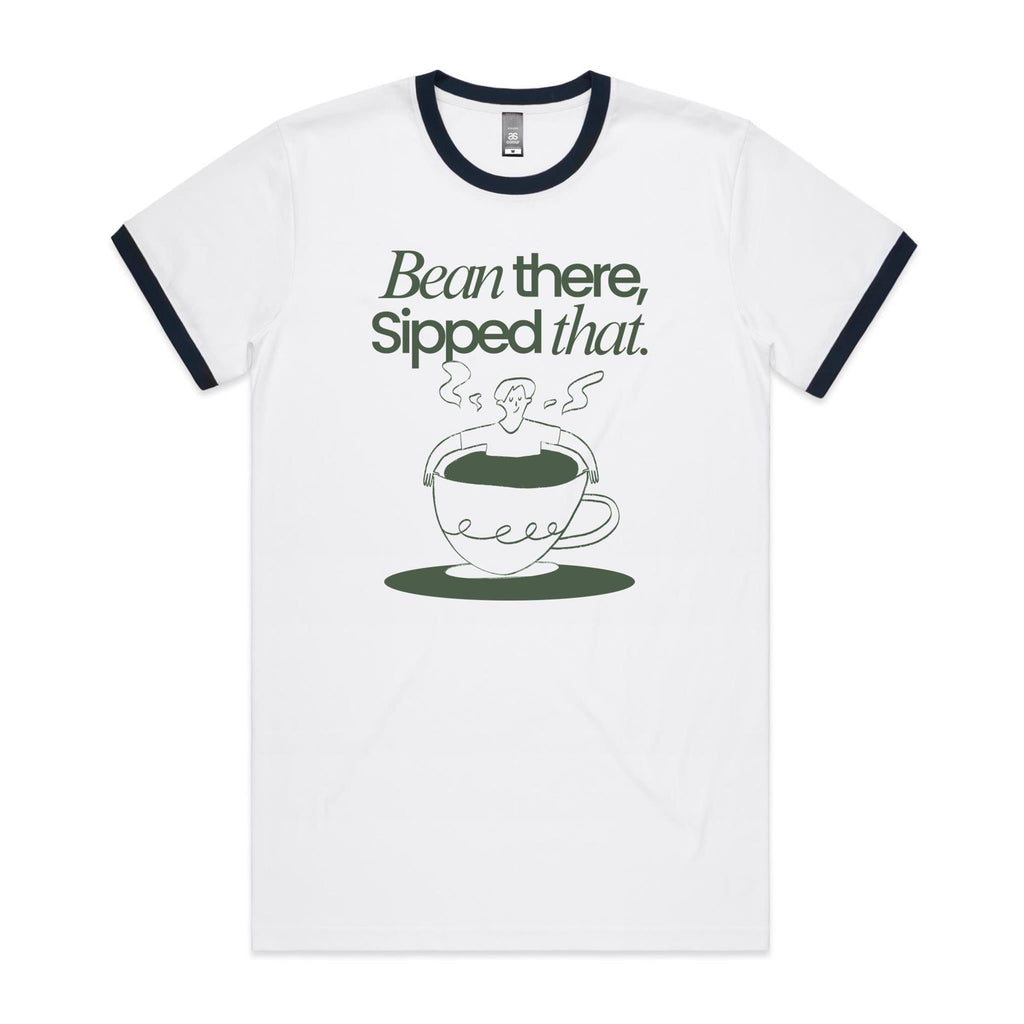 Bean There, Sipped That, Coffee - Staple Ringer Tee White Navy Ringer T-Shirt Coffee Printed In Australia
