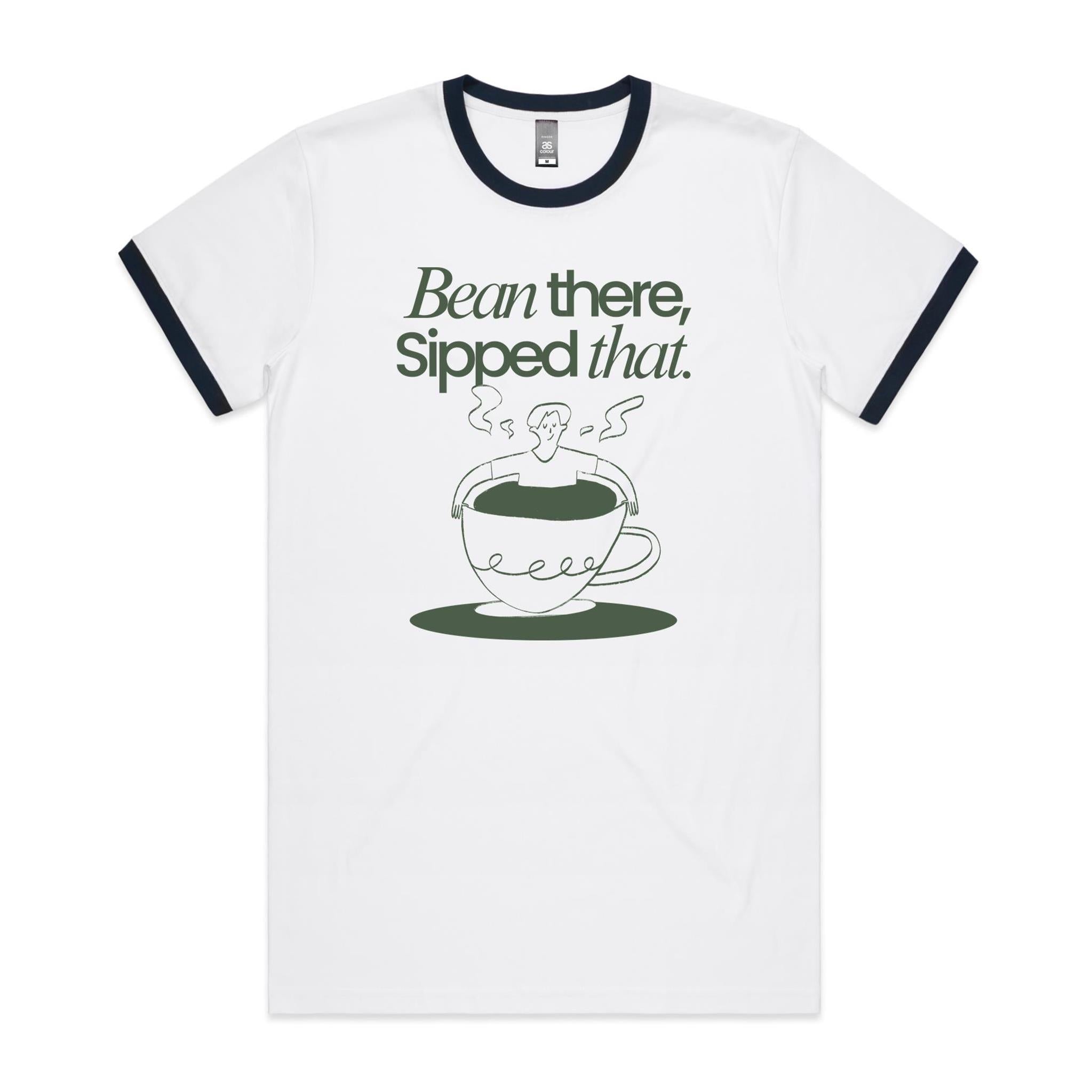 Bean There, Sipped That, Coffee - Staple Ringer Tee White Navy Ringer T-Shirt Coffee Printed In Australia