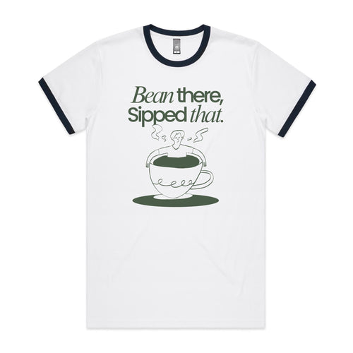 Bean There, Sipped That, Coffee - Staple Ringer Tee White Navy Ringer T-Shirt Coffee Printed In Australia