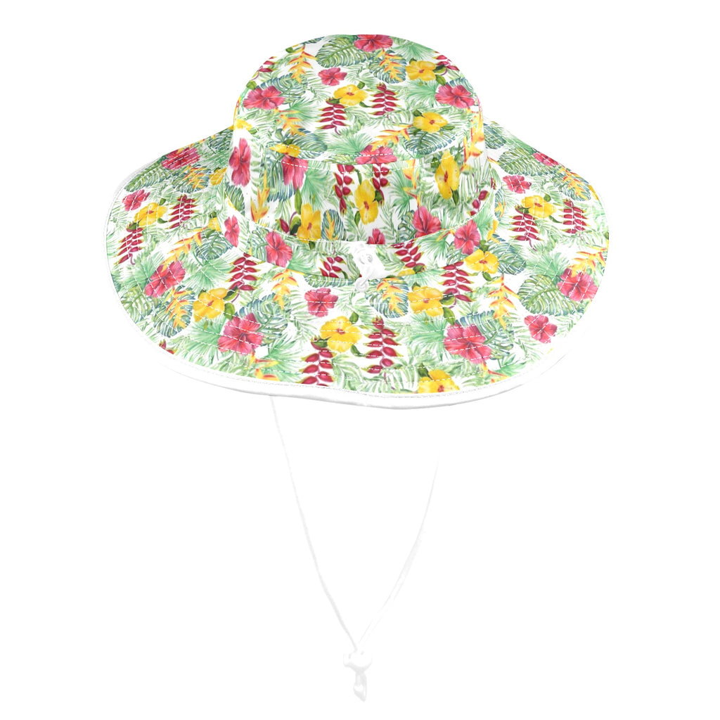 Tropical Flowers On White Wide Brim Bucket Hat Wide Brim Bucket Hat Plants Printed Offshore