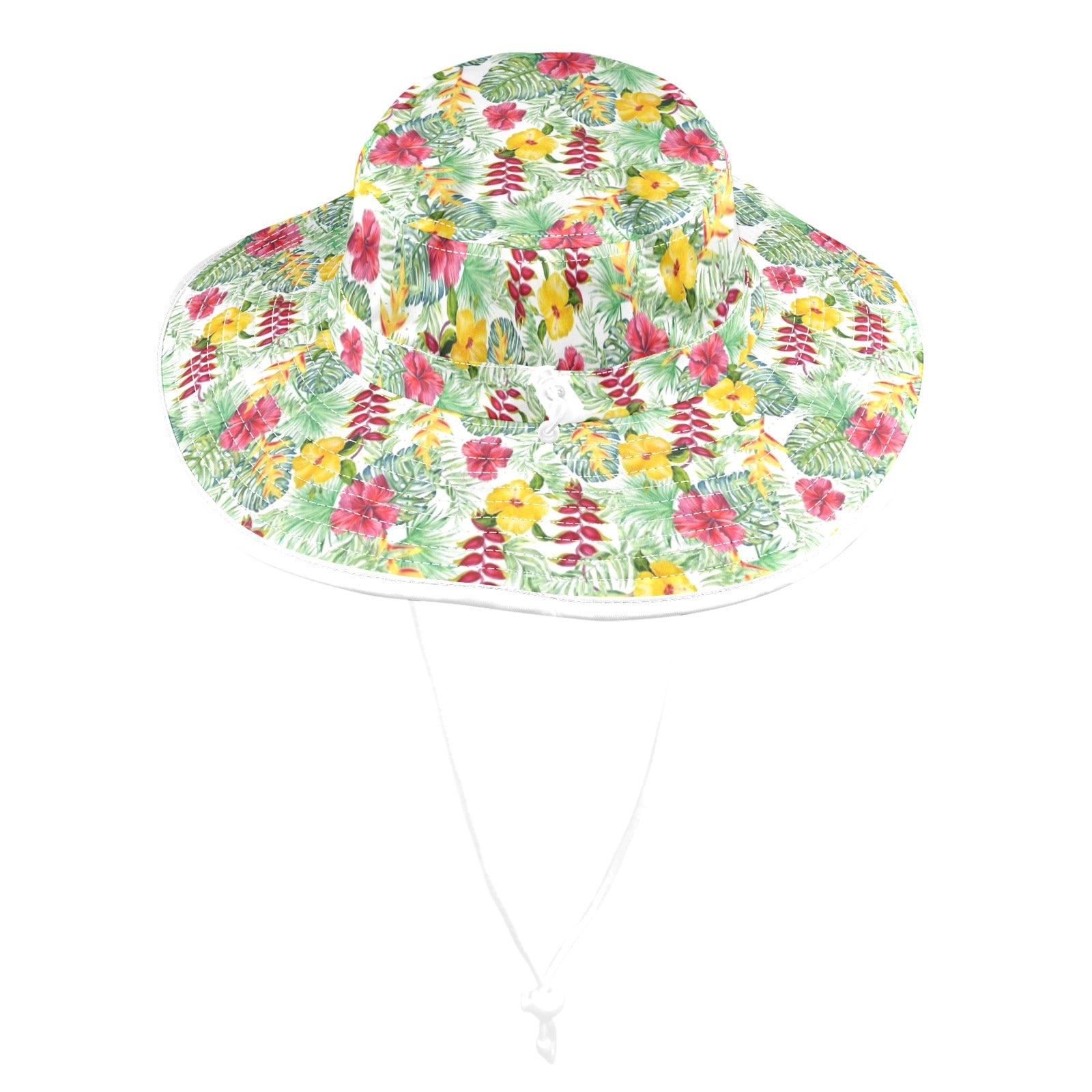 Tropical Flowers On White Wide Brim Bucket Hat Wide Brim Bucket Hat Plants Printed Offshore