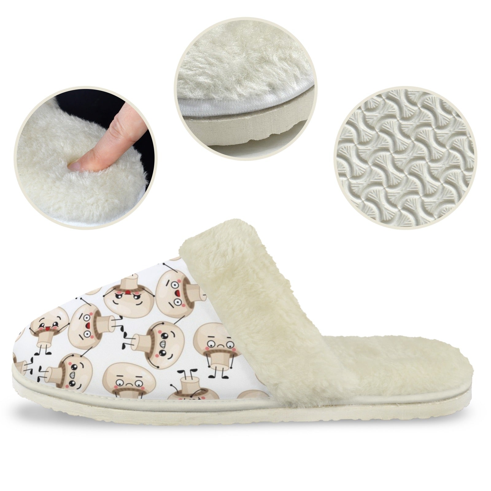 Cute Mushrooms Men's Fur Trim Thick-Sole Indoor Slippers Men's Fur Trimmed Slippers Food Printed Offshore