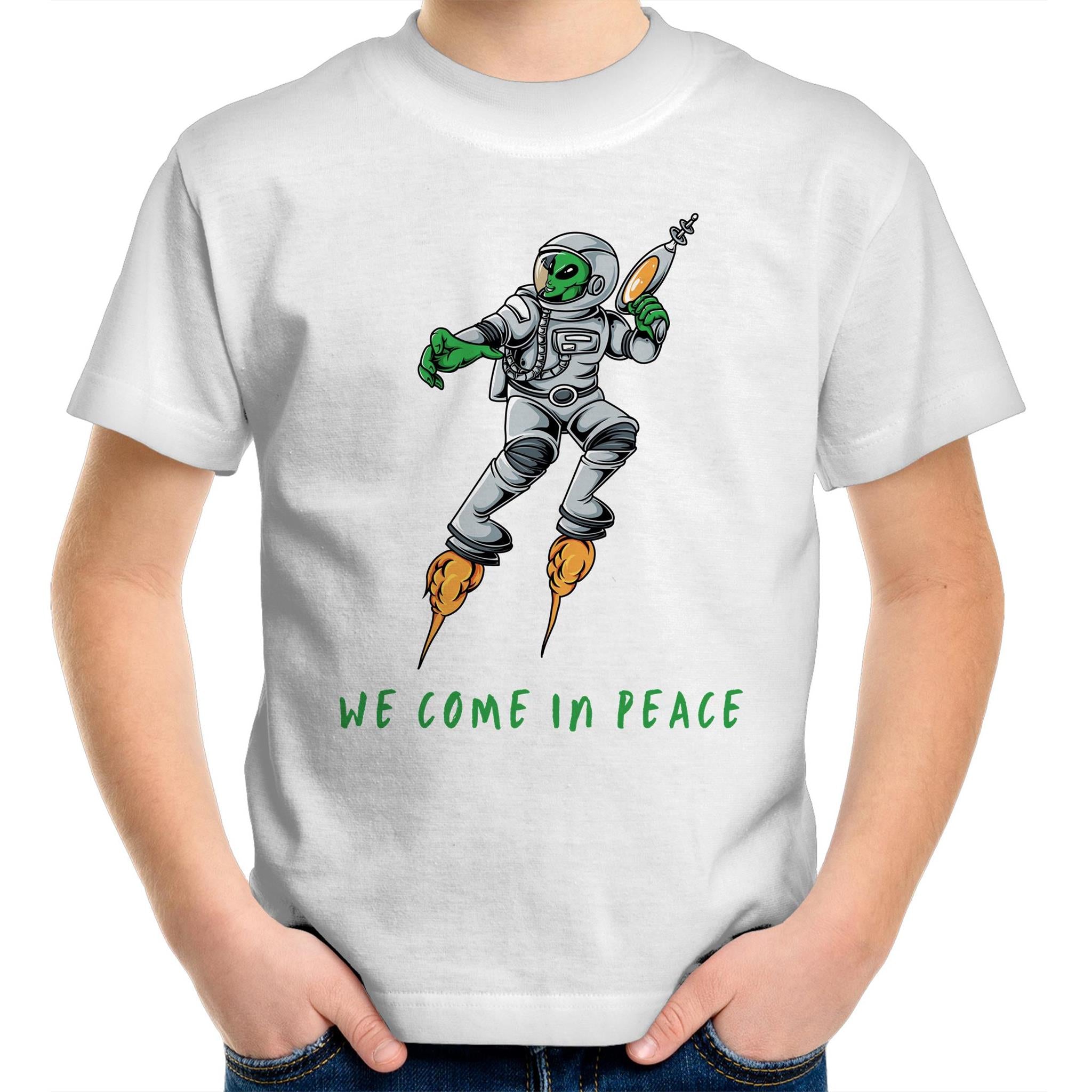 Alien Invasion, We Come In Peace - Kids Youth T-Shirt White Kids Youth T-shirt Printed In Australia Sci Fi