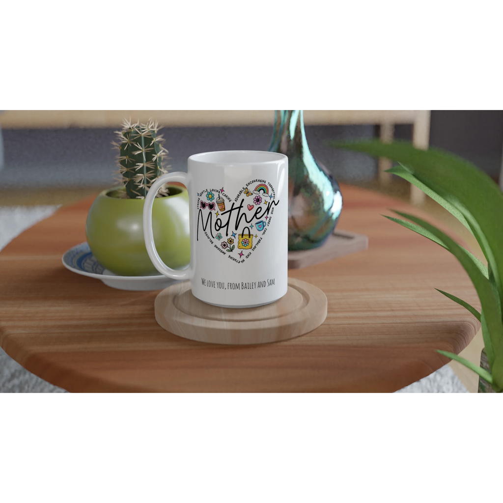 Personalise - Mother Heart Message - White 15oz Ceramic Mug Personalised 15oz Mug customise Globally Fulfilled Love Mum Name personalise