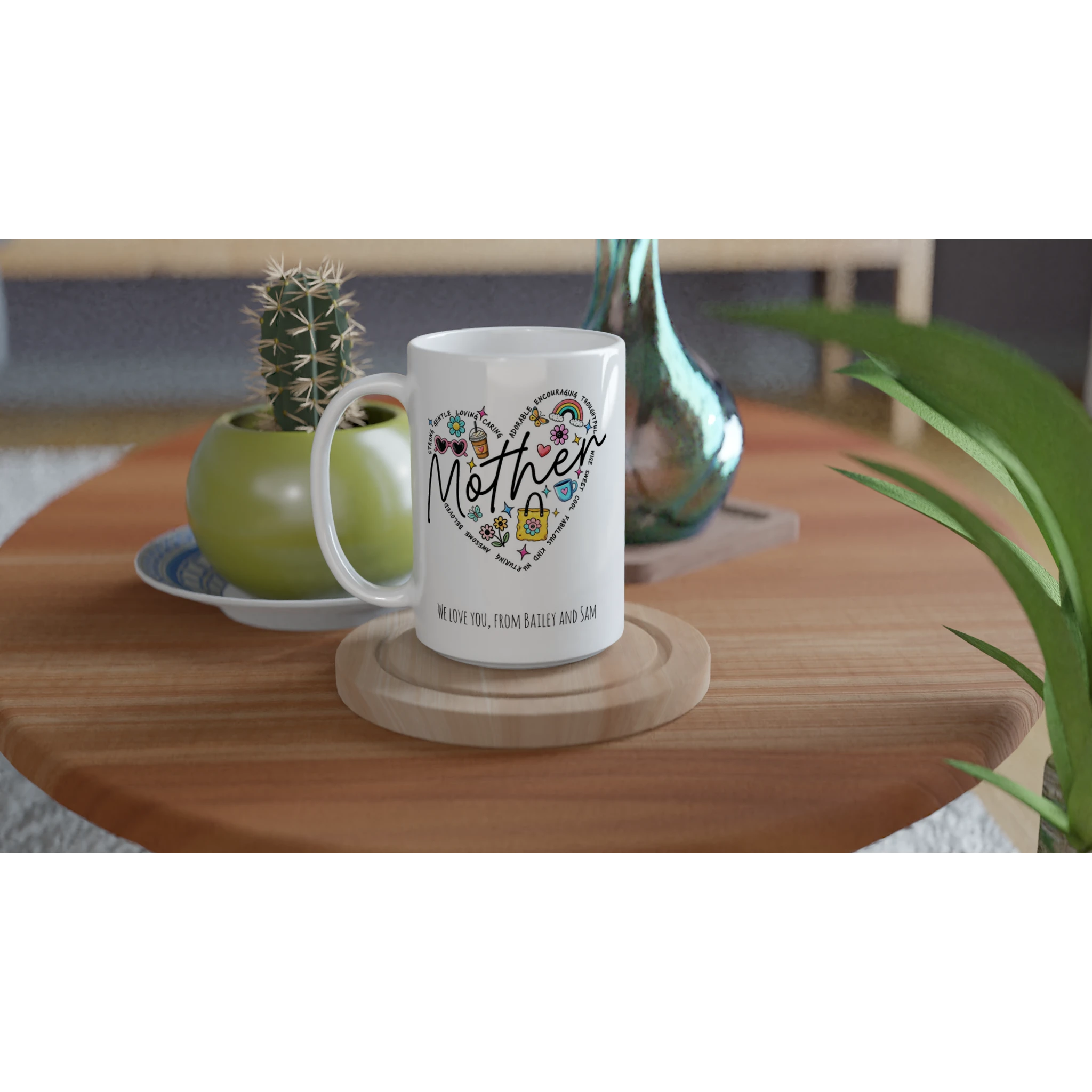 Personalise - Mother Heart Message - White 15oz Ceramic Mug Personalised 15oz Mug customise Globally Fulfilled Love Mum Name personalise