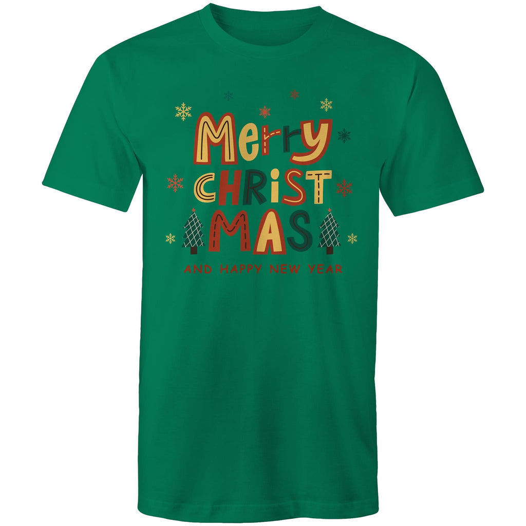 Merry Christmas And Happy New Year - Mens T-Shirt Kelly Green Mens Christmas T-shirt Christmas Printed In Australia