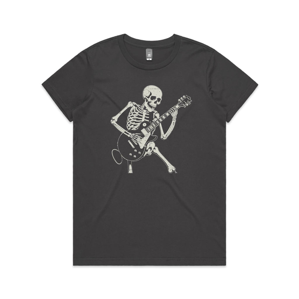Skeleton Playing Guitar Women's AS Colour T-shirt Charcoal Womens T-shirt Music Printed In Australia