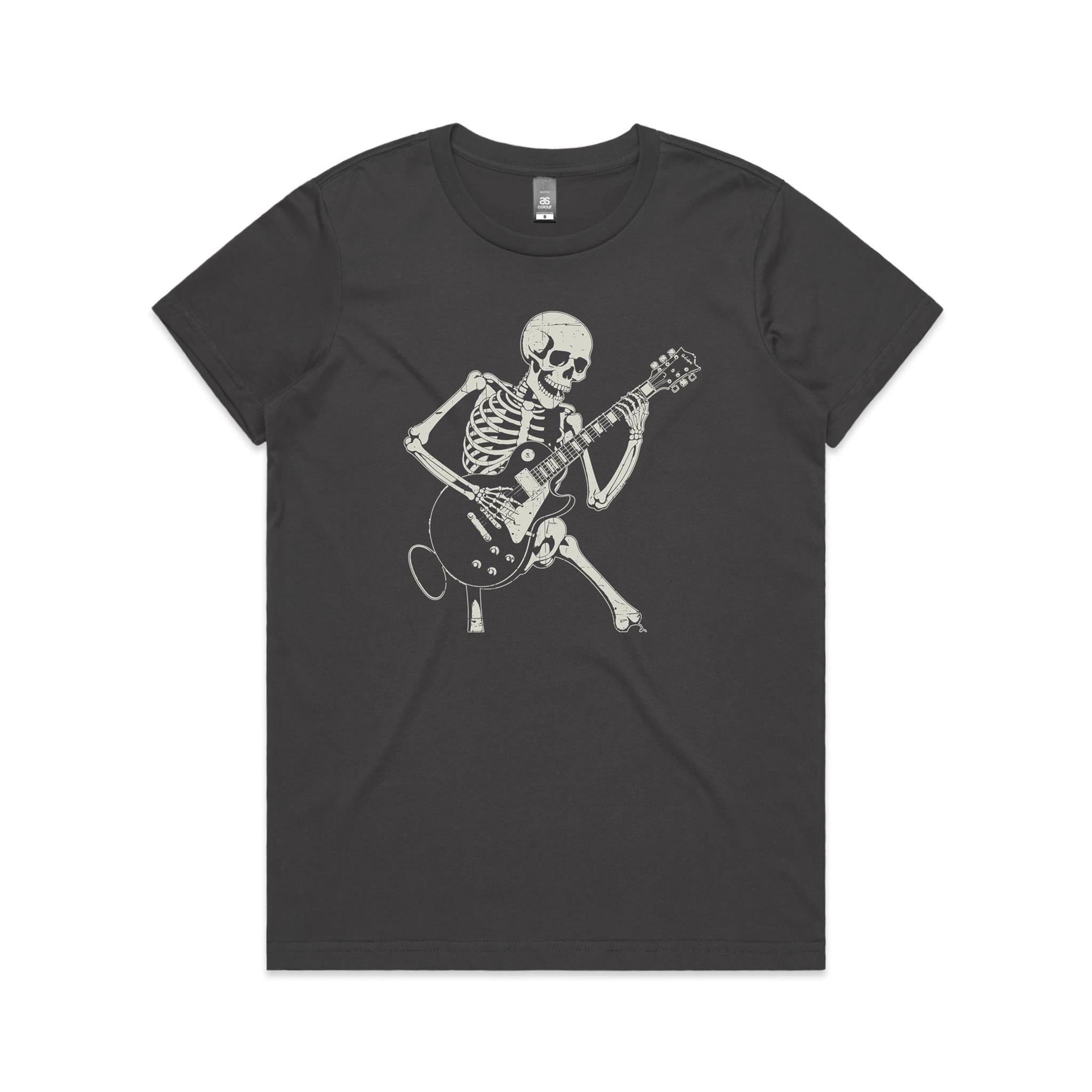 Skeleton Playing Guitar Women's AS Colour T-shirt Charcoal Womens T-shirt Music Printed In Australia