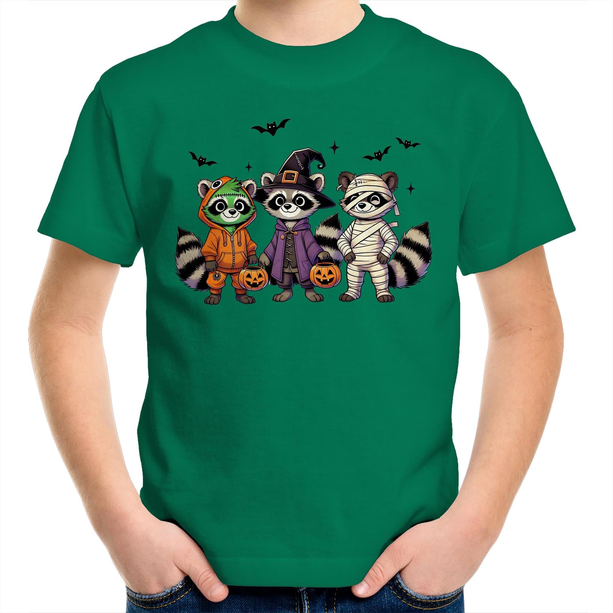 Halloween Raccoons - Kids Youth T-Shirt Kelly Green Kids Youth T-shirt Halloween Printed In Australia