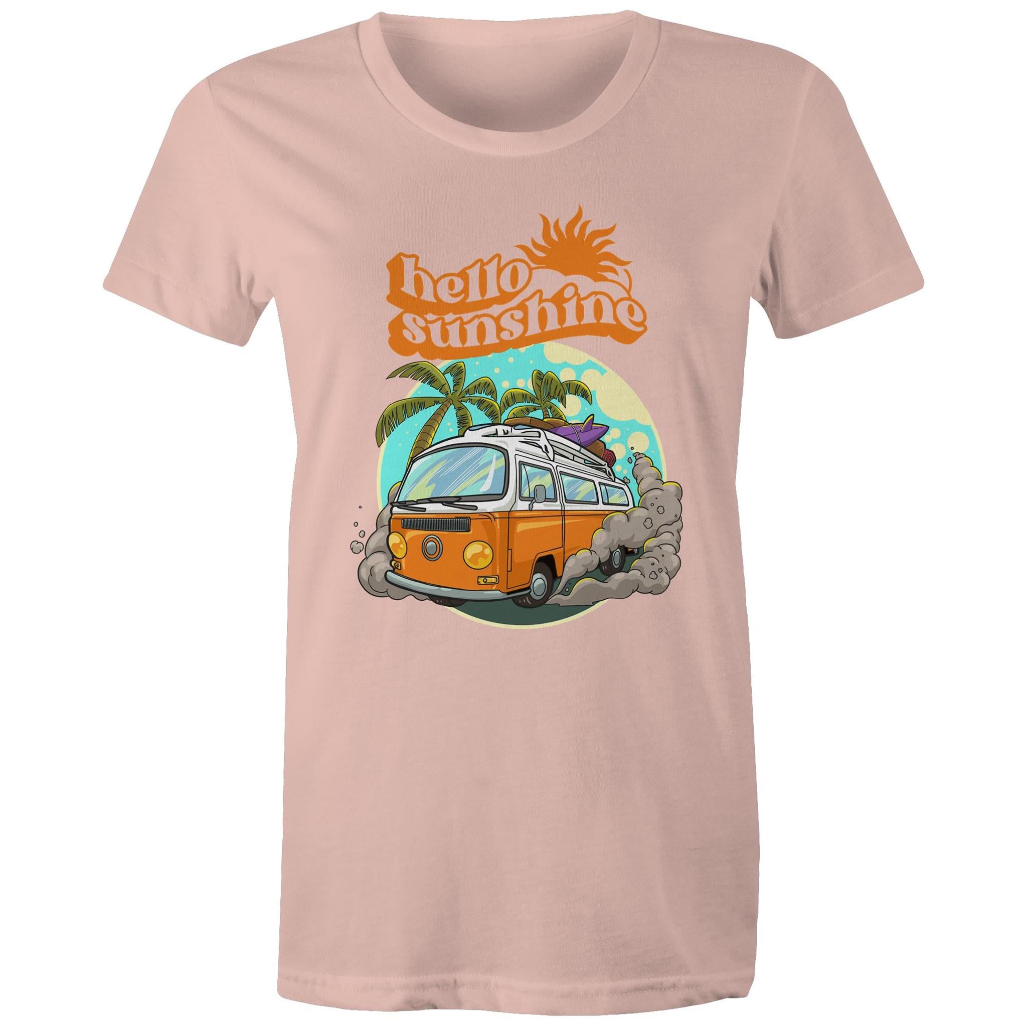 Hello Sunshine, Beach Van - Womens T-shirt Pale Pink Womens T-shirt Printed In Australia Summer Surf