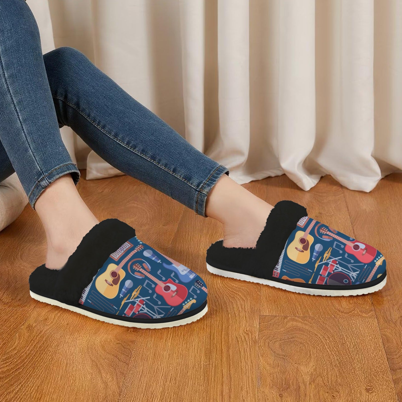 Music Instruments Women's Fur Trim Thick-Sole Indoor Slippers Women's Fur Trimmed Slippers Music Printed Offshore