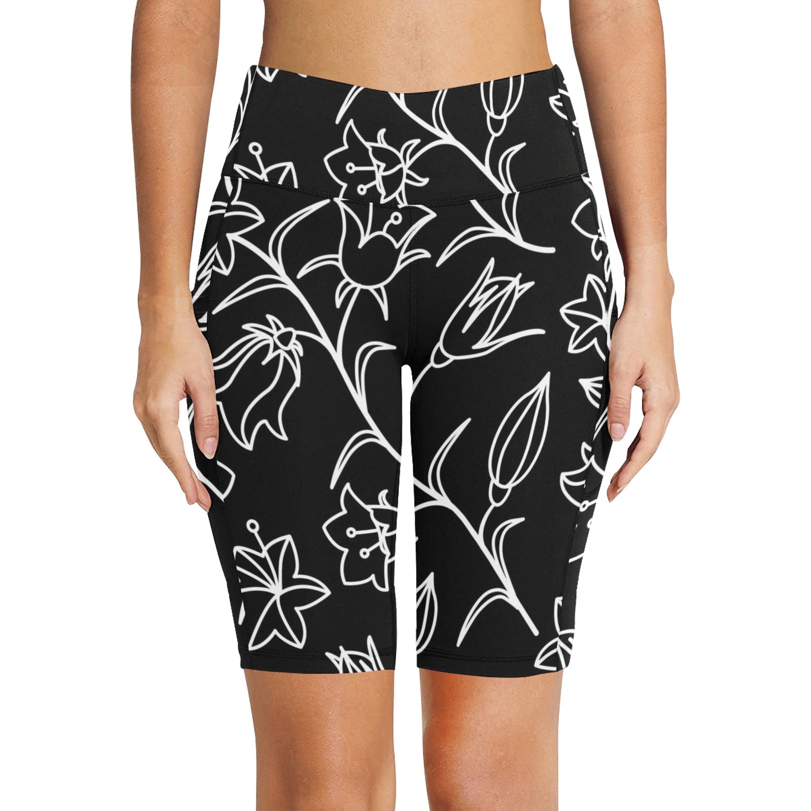 Black And White Floral - Women's Bike Shorts With Side Pockets Women's Bike Shorts Plants Printed Offshore