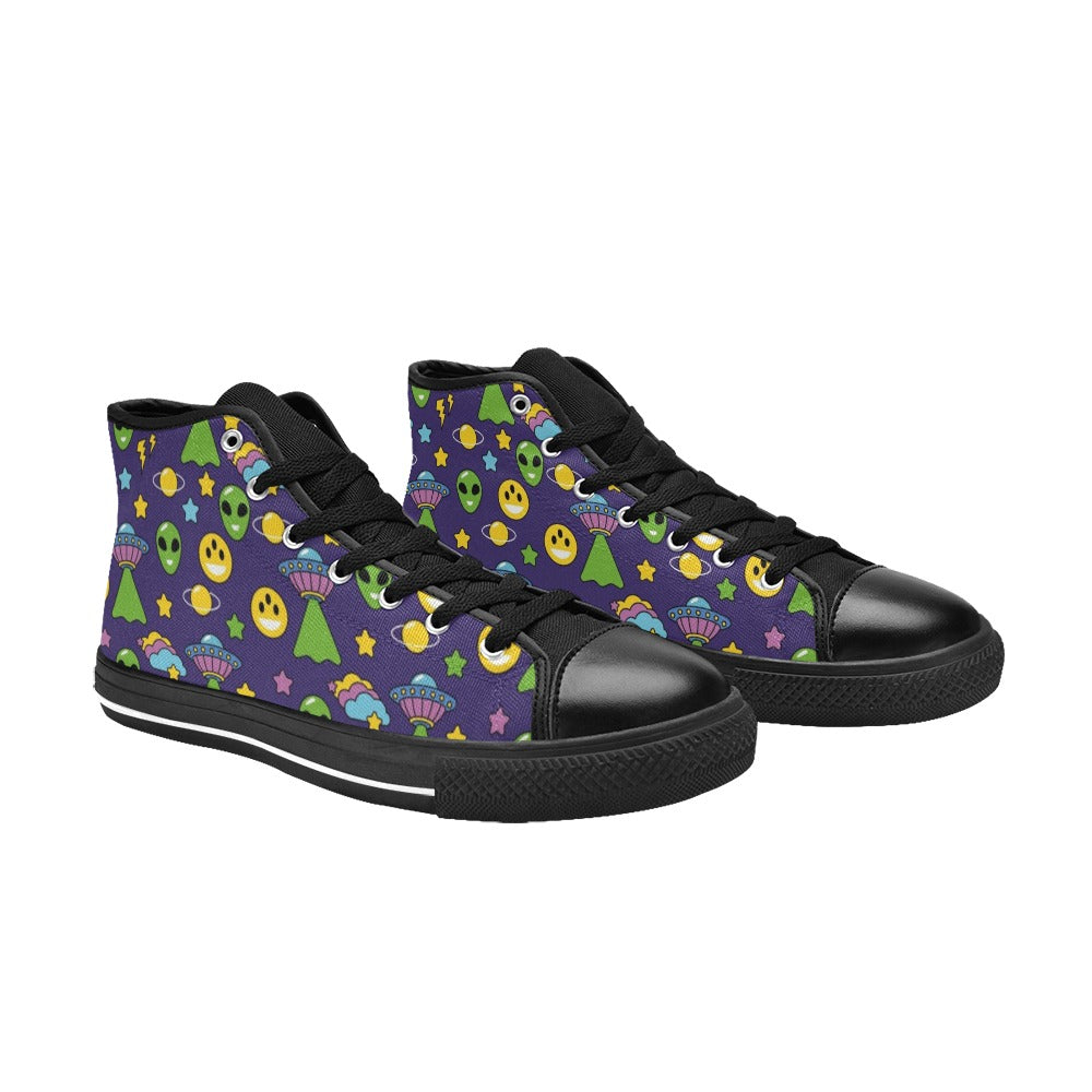 Groovy Alien And UFO Men's High Top Canvas Shoes Men's Classic High Top Canvas Shoes Printed Offshore Retro Sci Fi