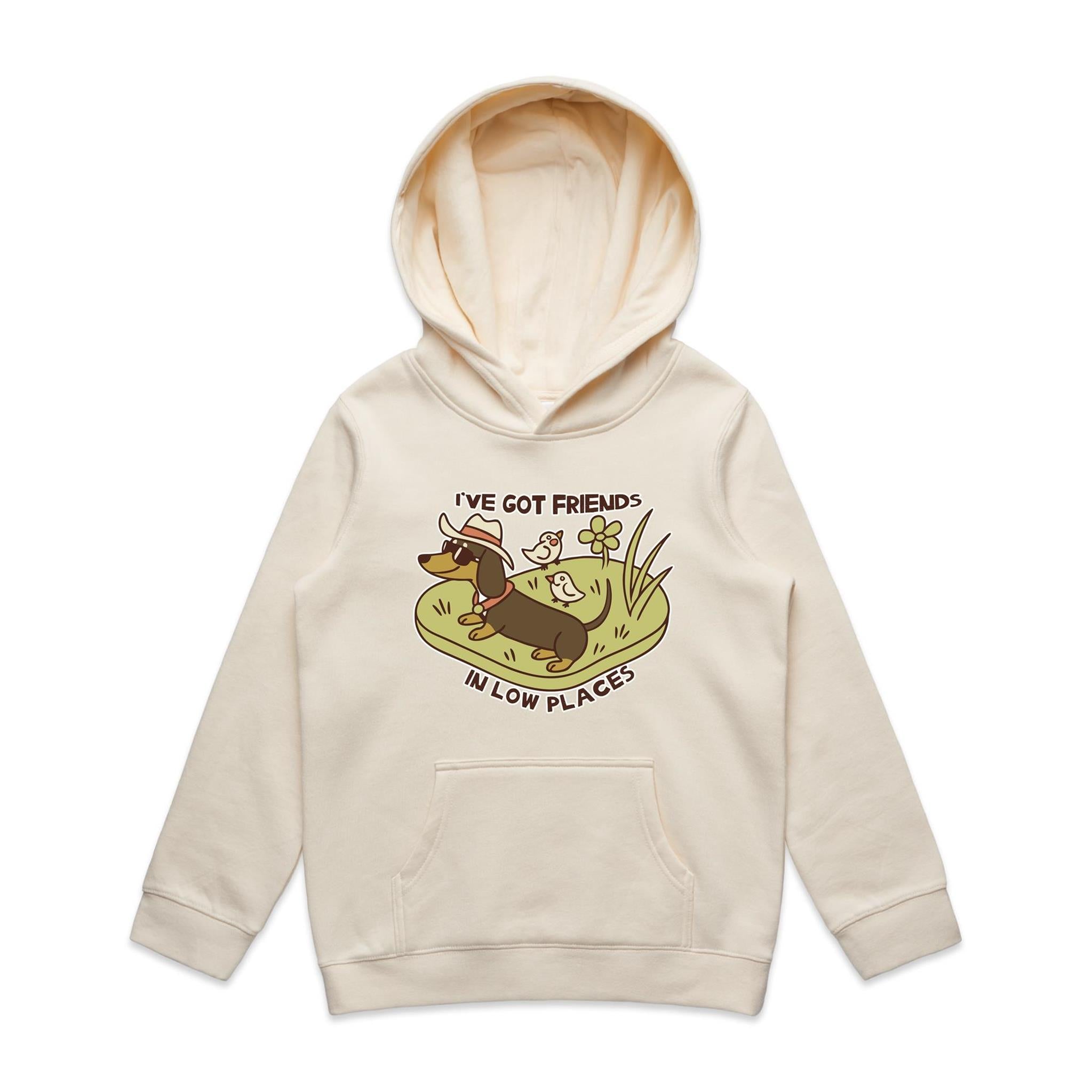 Dachshund, I've Got Friends In Low Places Kids AS Colour Hoodie Ecru Kids Hoodie animal Printed In Australia