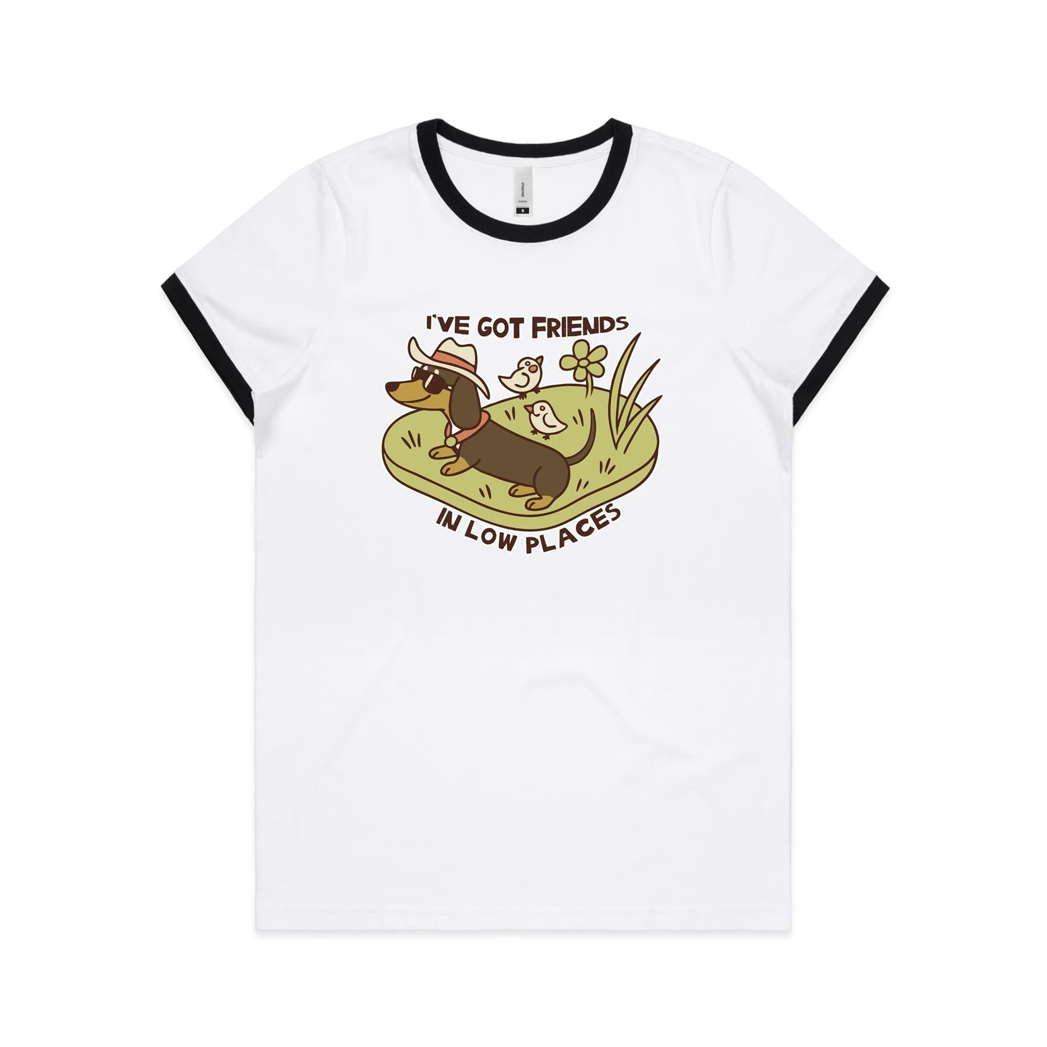 Dachshund, I've Got Friends In Low Places AS Colour Women's Ringer Tee White Black Womens Ringer T-shirt animal Printed In Australia