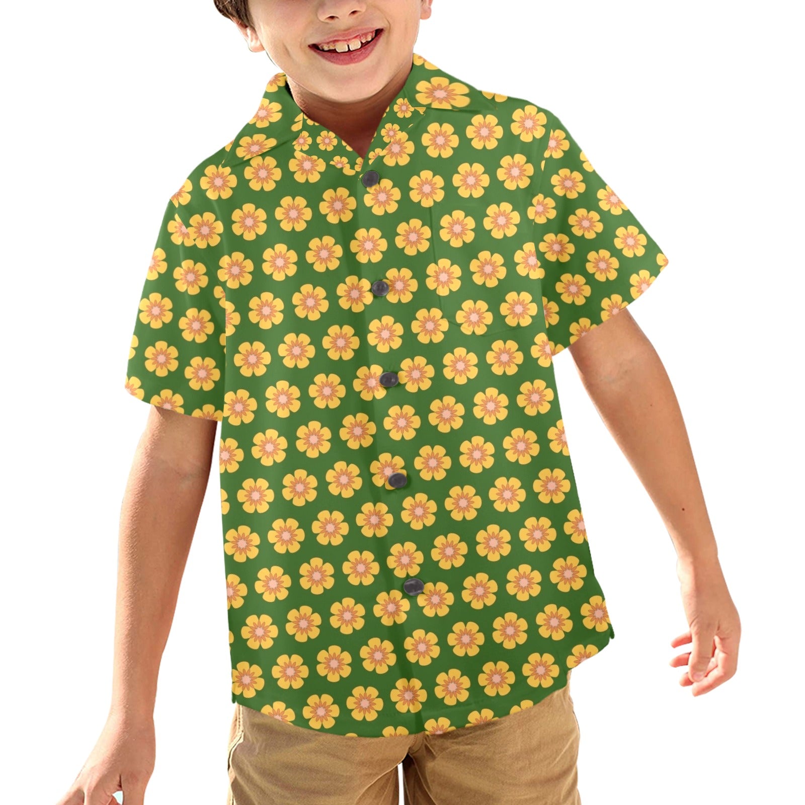 Yellow Flowers On Green Junior Kids Hawaiian Shirt