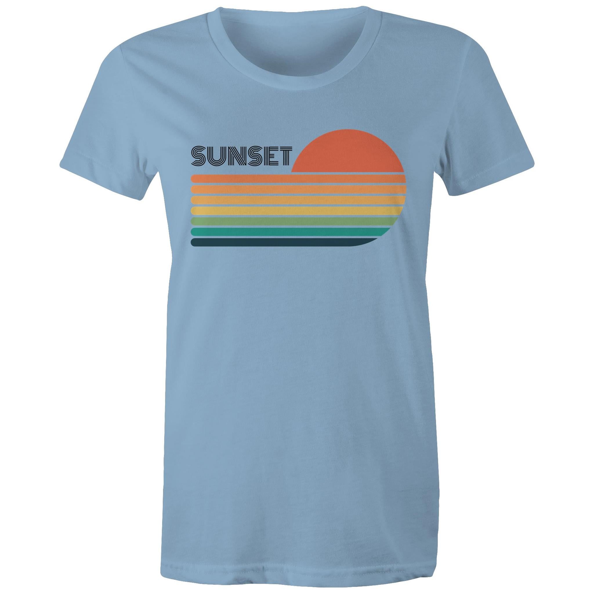 Retro Sunset - Womens T-shirt Carolina Blue Womens T-shirt Printed In Australia Retro