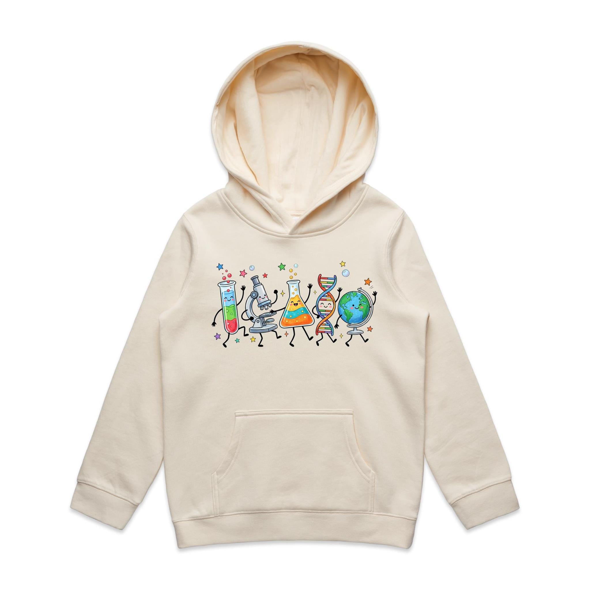 Science Characters Kids AS Colour Hoodie Ecru Kids Hoodie Printed In Australia Science