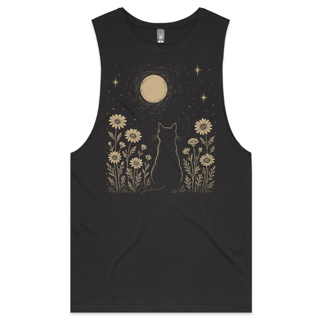 Whimsical Cat And Moon Mens Men's AS Colour Drop Arm Tank Top Coal Drop Arm Tank Top animal Printed In Australia