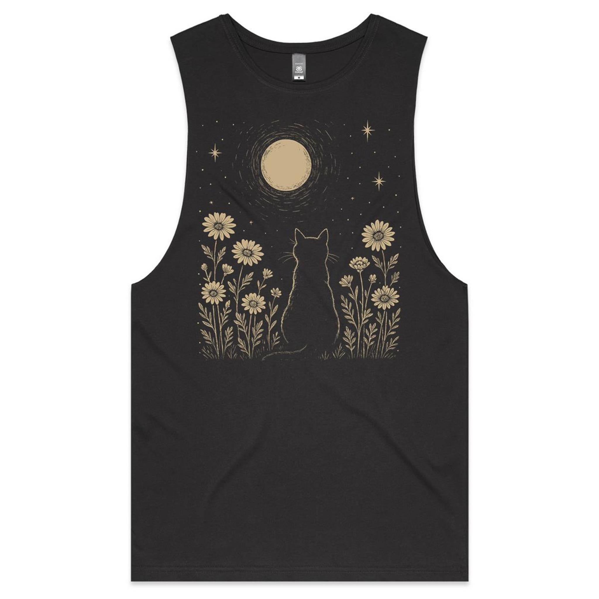 Whimsical Cat And Moon Mens Men's AS Colour Drop Arm Tank Top Coal Drop Arm Tank Top animal Printed In Australia