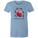 My Blood Type Is Coffee - Womens T-shirt Carolina Blue Womens T-shirt Coffee Printed In Australia