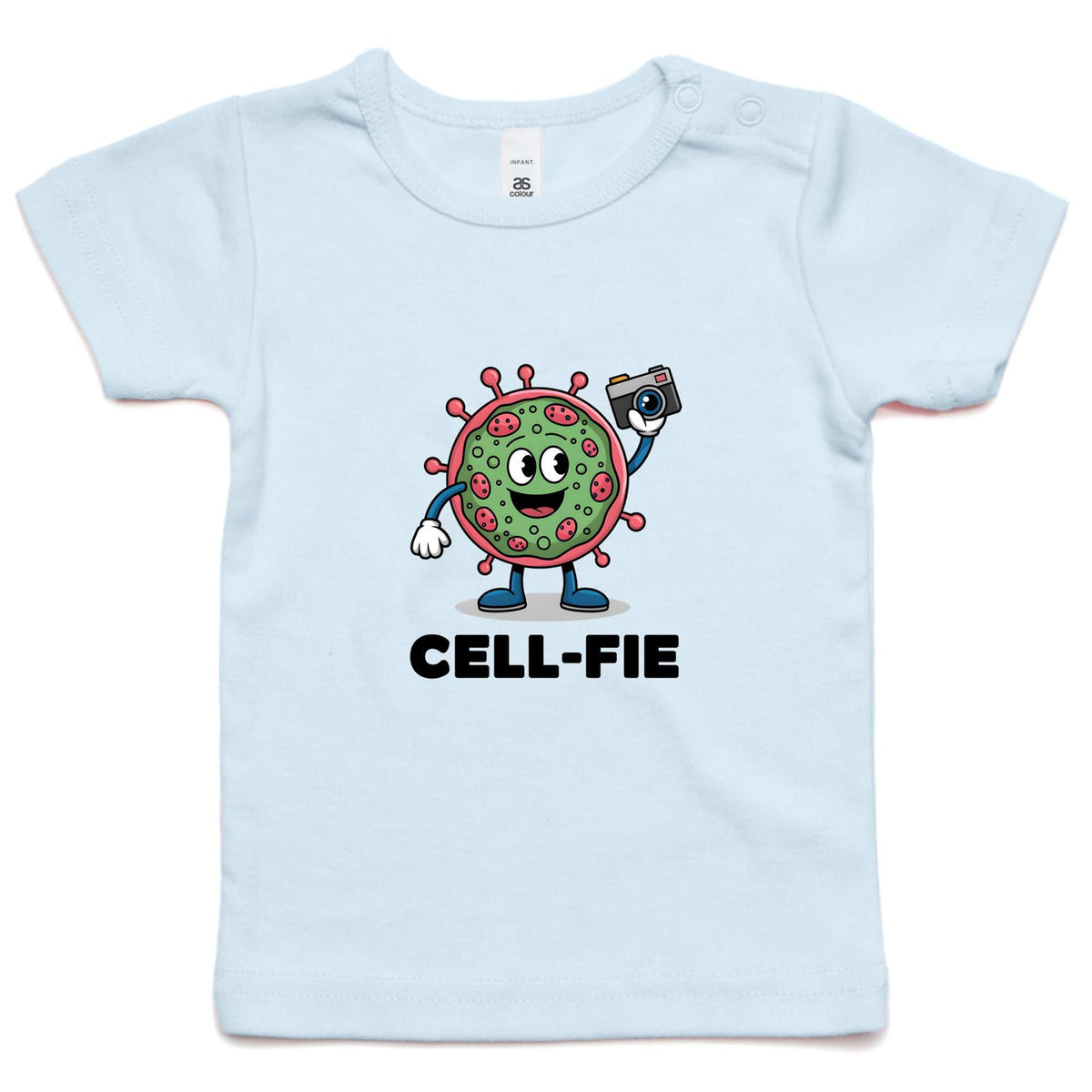 Cell-fie Cell Selfie AS Colour Baby T-shirt Powder Blue Baby T-shirt Printed In Australia Science