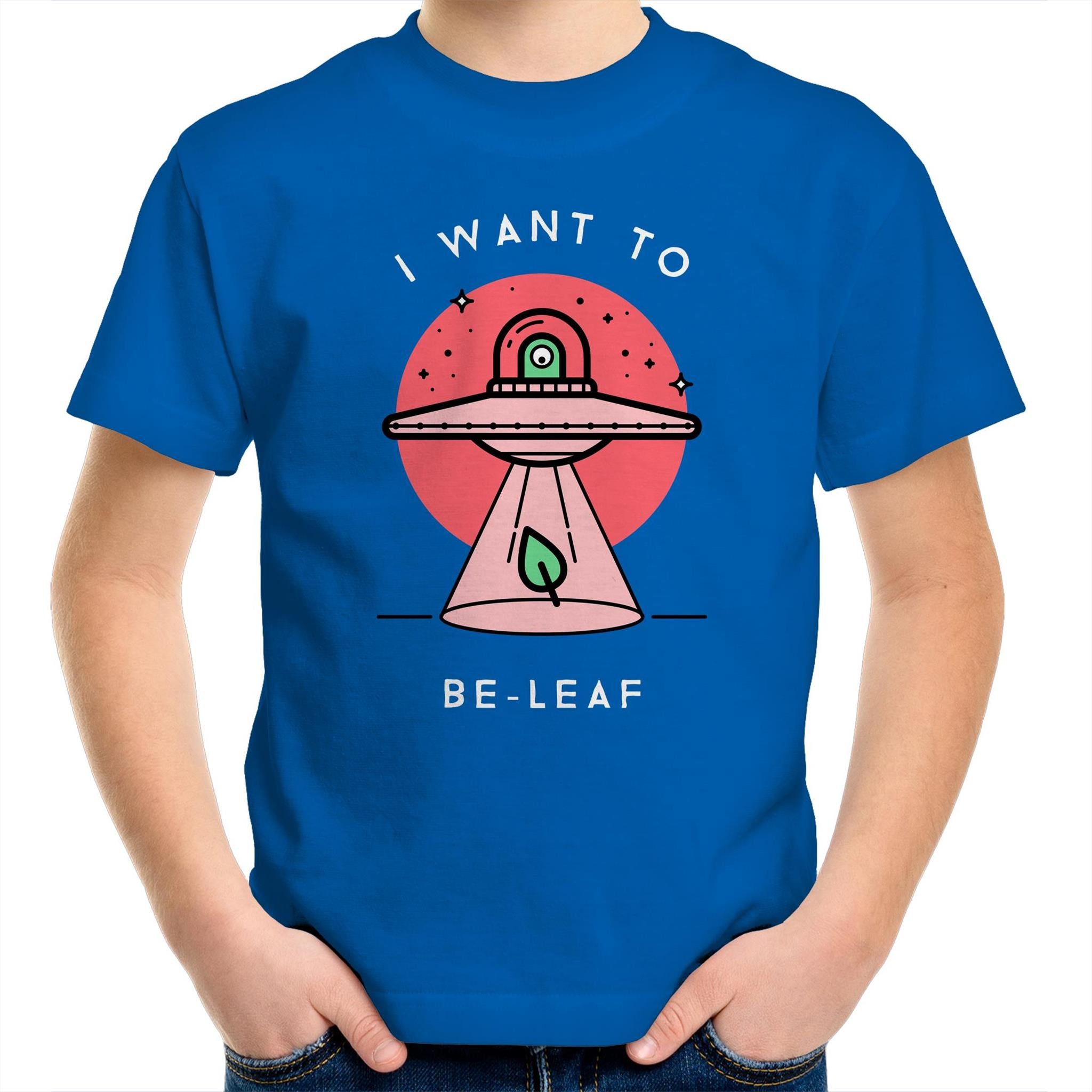 I Want To Be-Leaf, Alien, UFO - Kids Youth T-Shirt Bright Royal Kids Youth T-shirt Printed In Australia Sci Fi