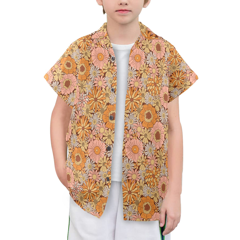 Orange Retro Floral Senior Kids Hawaiian Shirt