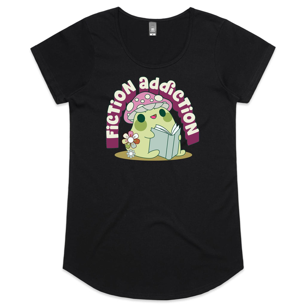 Fiction Addiction - Womens Scoop Neck T-Shirt Black Womens Scoop Neck T-shirt Printed In Australia Reading