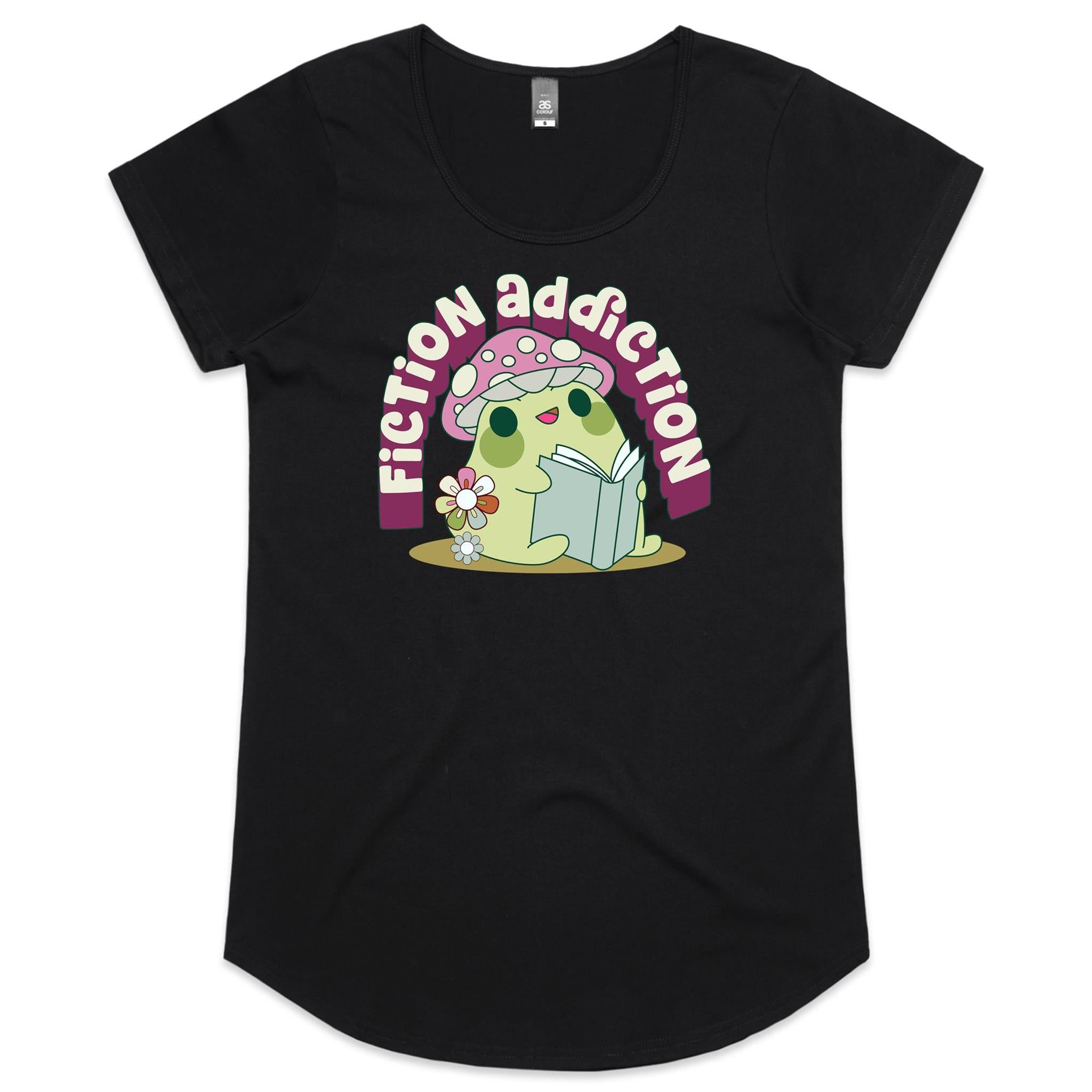 Fiction Addiction - Womens Scoop Neck T-Shirt Black Womens Scoop Neck T-shirt Printed In Australia Reading