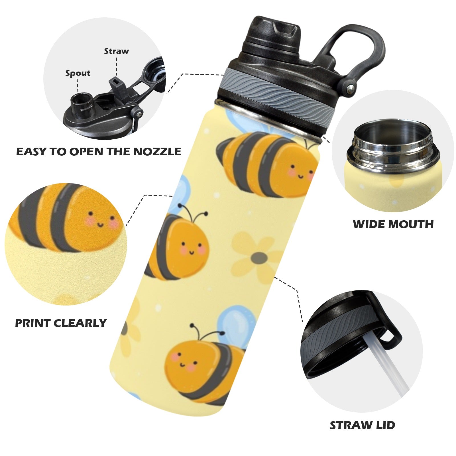 Bright Bees - Insulated Water Bottle with Dual-Use Lid (18oz) Insulated Water Bottle with Dual-Use Lid (18oz) animal Printed Offshore
