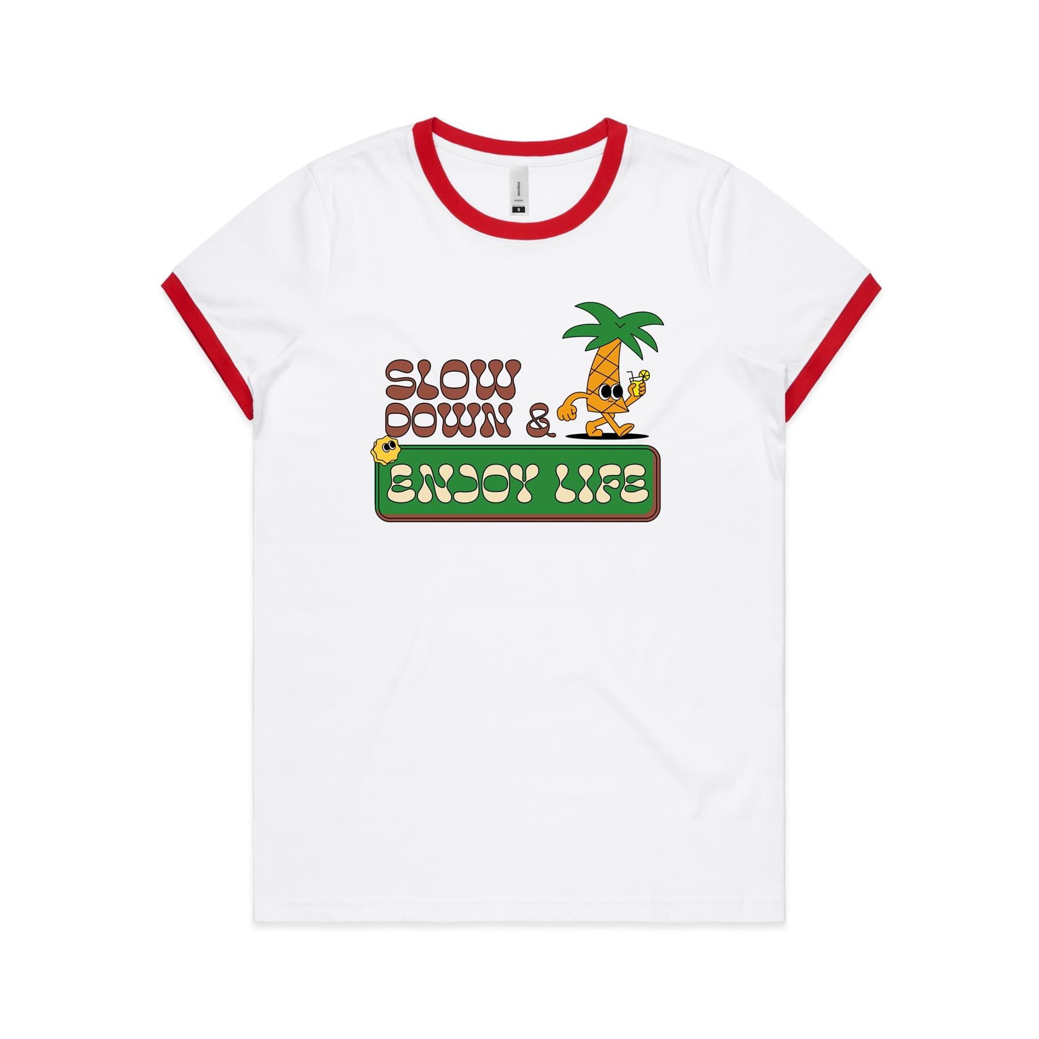 Slow Down And Enjoy Life - Women's Ringer Tee White Red Womens Ringer T-shirt Positivity Printed In Australia